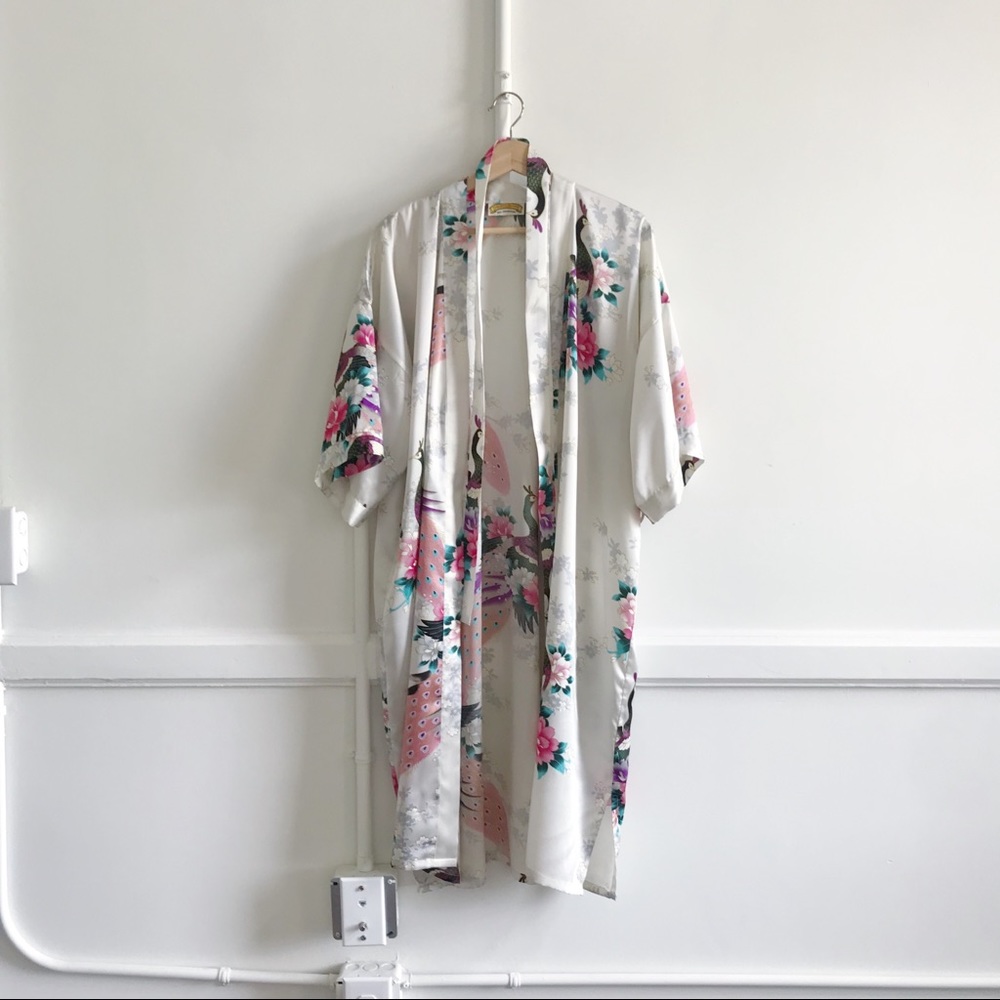 White Peacock Print Silk Robe